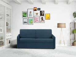 Canapé 3 Places Convertible Express En Tissu CALIFE - Bleu Foncé - Couchage à Lattes Larges 140 Cm - Matelas 14 Cm