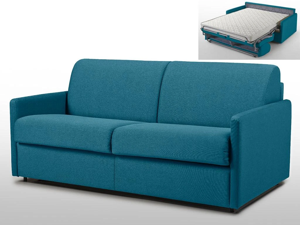 Canapé 3 Places Convertible Express En Tissu CALIFE - Turquoise - Couchage à Lattes Larges 140 Cm - Matelas 18 Cm 2 Canapé 3 Places Convertible Express En Tissu CALIFE - Turquoise - Couchage à Lattes Larges 140 Cm - Matelas 18 Cm – Image 2