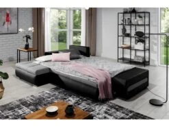 Canapé D'angle Convertible En Tissu Luxe Gris Et Simili Cuir Noir, 5 Places, Angle Gauche (vu De Face) - OTELLO -Deco.fr Soldes Boutique canape 9481643