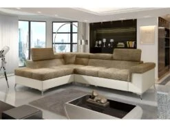 Canapé D'angle Convertible - ERMAN - En Tissu Et Simili 5 Places, Marron Et écru, Angle Gauche (vu De Face)