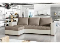 Canapé D'angle Convertible En Tissu Luxe Marron Et Simili Cuir Beige, 5 Places, Avec Coffre, Angle Gauche (vu De Face), NESTOR