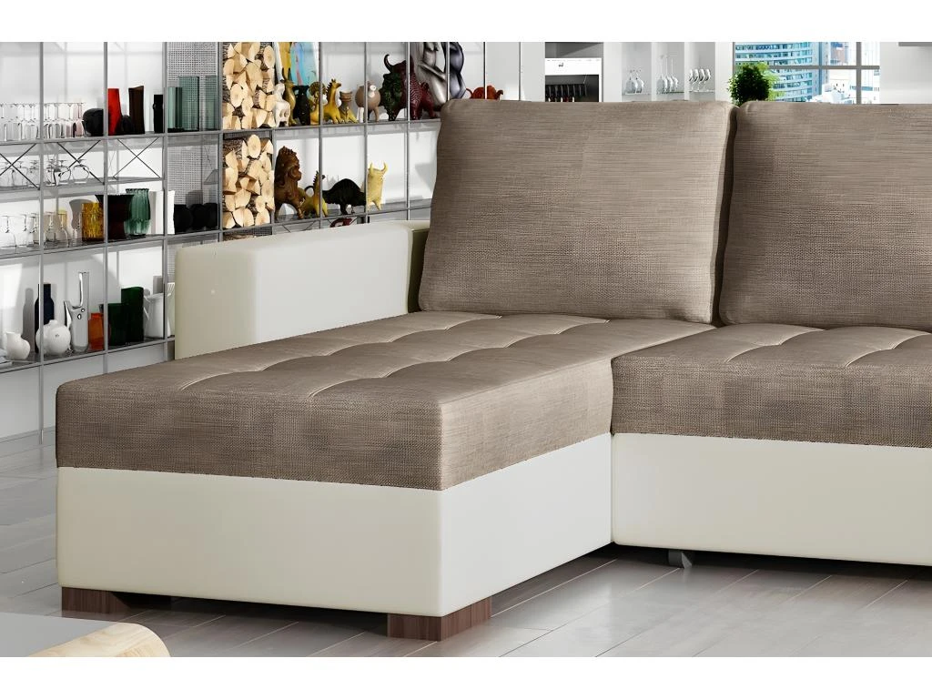 Canapé D'angle Convertible En Tissu Luxe Marron Et Simili Cuir Beige, 5 Places, Avec Coffre, Angle Gauche (vu De Face), NESTOR 2 Canapé D'angle Convertible En Tissu Luxe Marron Et Simili Cuir Beige, 5 Places, Avec Coffre, Angle Gauche (vu De Face), NESTOR – Image 2