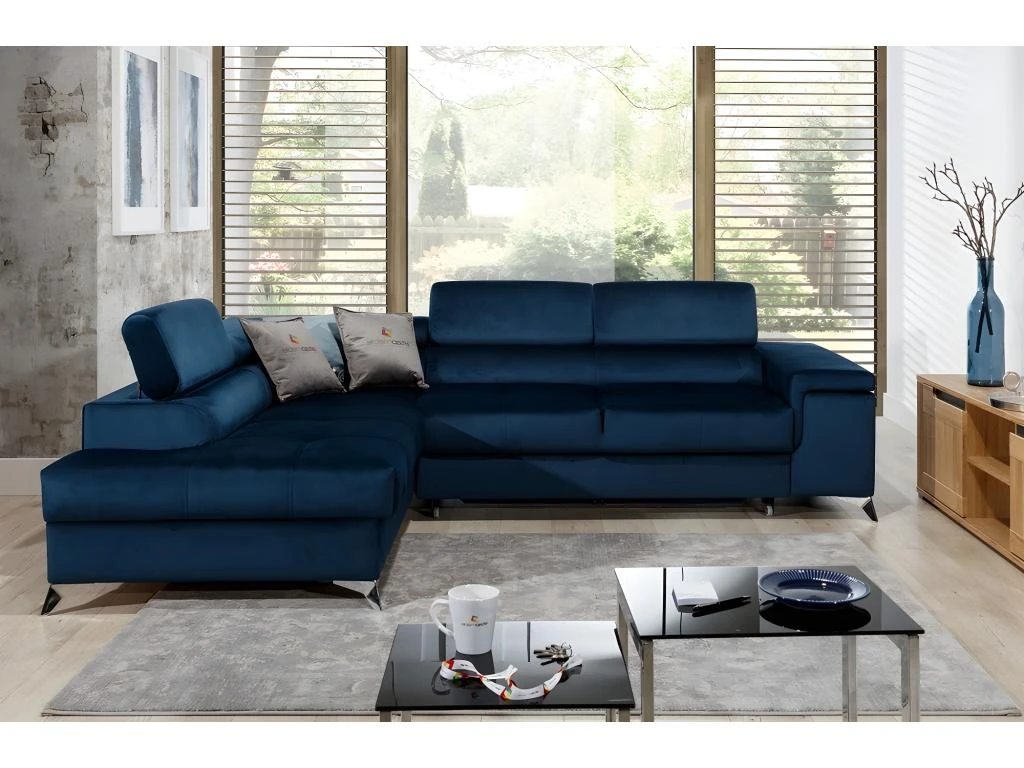 Canapé D'angle Convertible - ERWAN - En Tissu Luxe 5 Places, Bleu Foncé, Angle Gauche (vu De Face) 1 Canapé D'angle Convertible - ERWAN - En Tissu Luxe 5 Places, Bleu Foncé, Angle Gauche (vu De Face)