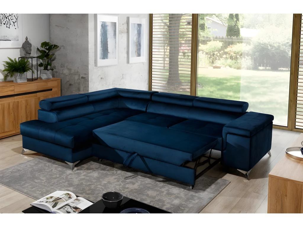Canapé D'angle Convertible - ERWAN - En Tissu Luxe 5 Places, Bleu Foncé, Angle Gauche (vu De Face) 2 Canapé D'angle Convertible - ERWAN - En Tissu Luxe 5 Places, Bleu Foncé, Angle Gauche (vu De Face) – Image 2
