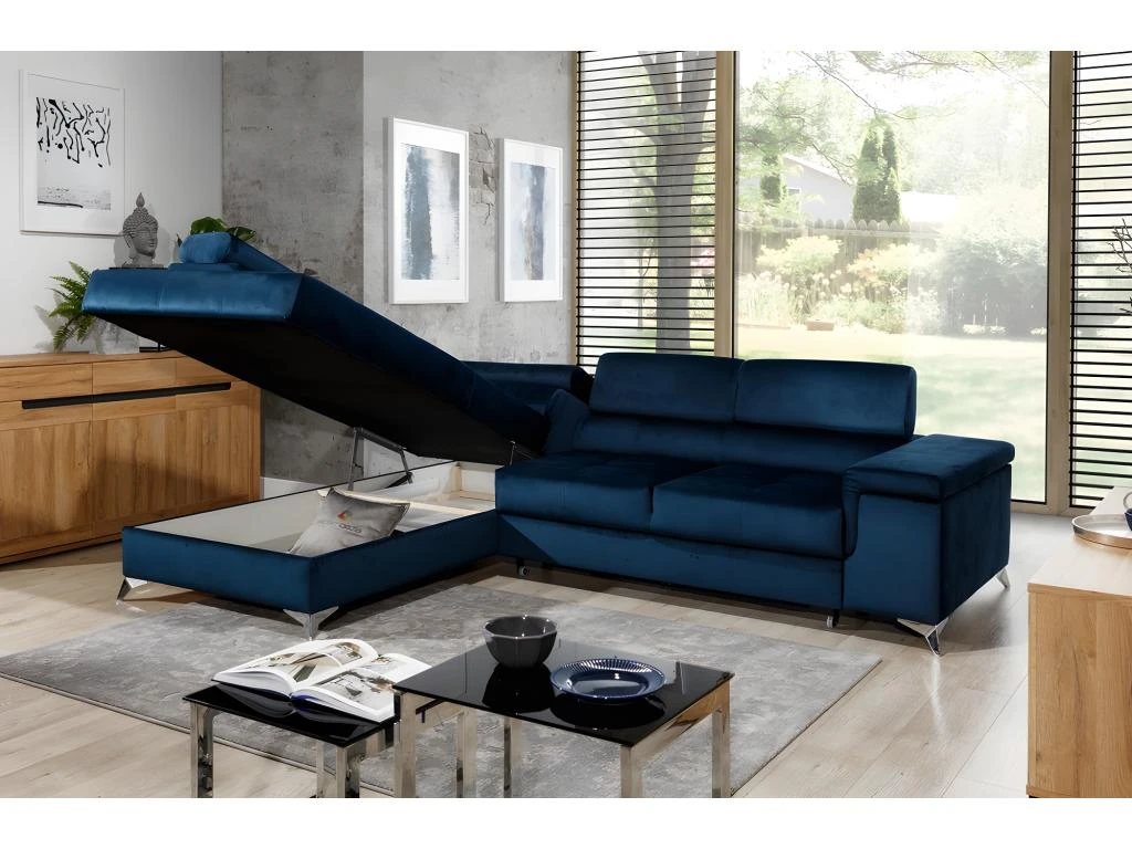 Canapé D'angle Convertible - ERWAN - En Tissu Luxe 5 Places, Bleu Foncé, Angle Gauche (vu De Face) 3 Canapé D'angle Convertible - ERWAN - En Tissu Luxe 5 Places, Bleu Foncé, Angle Gauche (vu De Face) – Image 3