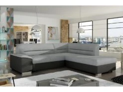 Canapé D'angle Convertible En Tissu Luxe Gris Et Simili Cuir Noir, 5 Places, Avec Coffre, Angle Droit (vu De Face), VERTU MIX