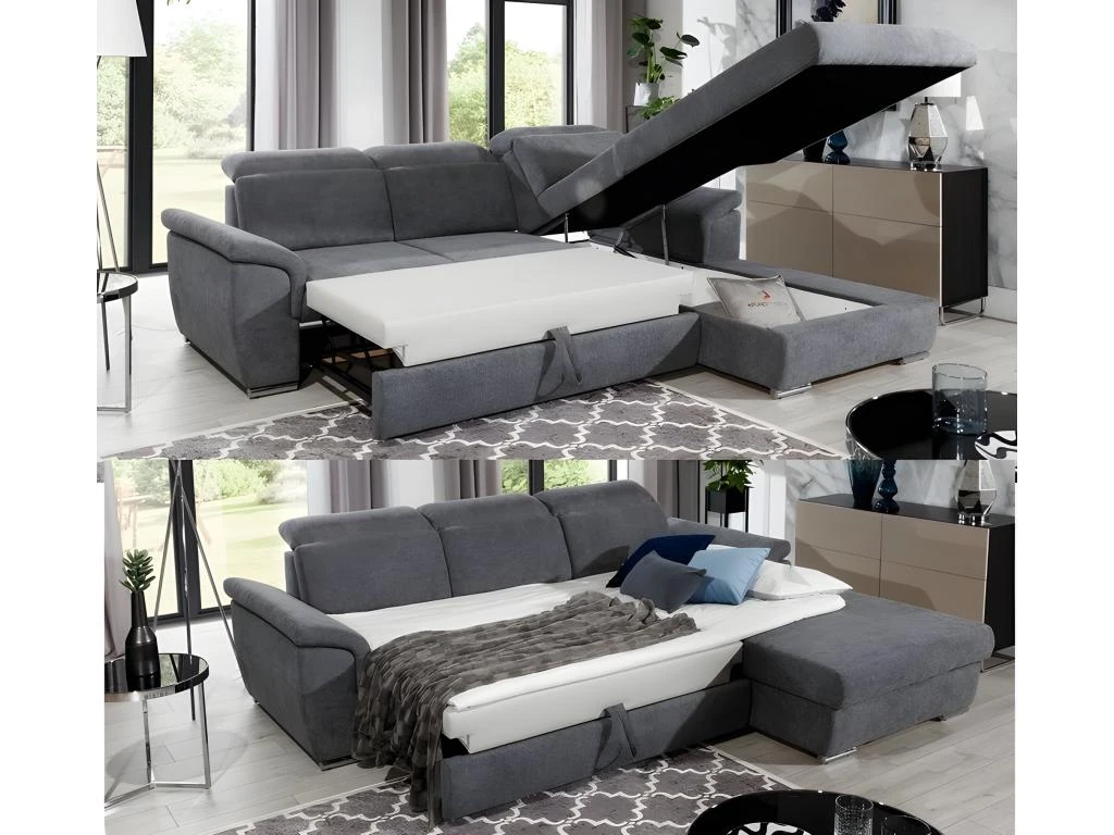 Canapé D'angle Convertible En Tissu Velours Prestige, Vert, 5 Places, Angle Droit (vu De Face) - TRESOR 3 Canapé D'angle Convertible En Tissu Velours Prestige, Vert, 5 Places, Angle Droit (vu De Face) - TRESOR – Image 3