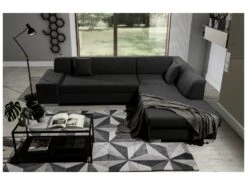 Canapé D'angle Convertible En Tissu Luxe 5 Places, Coffre, Noir, Angle Droit (vu De Face), PORTOFINO