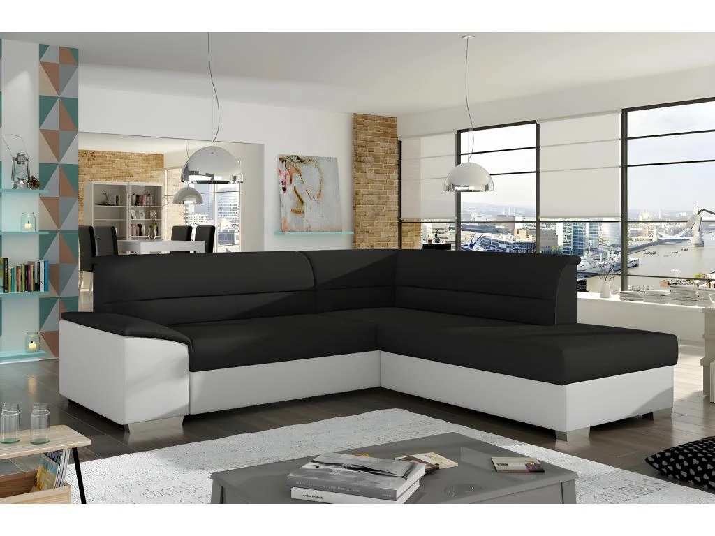 Canapé D'angle Convertible En Tissu Luxe Noir Et Simili Cuir Blanc Cassé, 5 Places, Avec Coffre, Angle Droit (vu De Face), VERTU MIX 1 Canapé D'angle Convertible En Tissu Luxe Noir Et Simili Cuir Blanc Cassé, 5 Places, Avec Coffre, Angle Droit (vu De Face), VERTU MIX