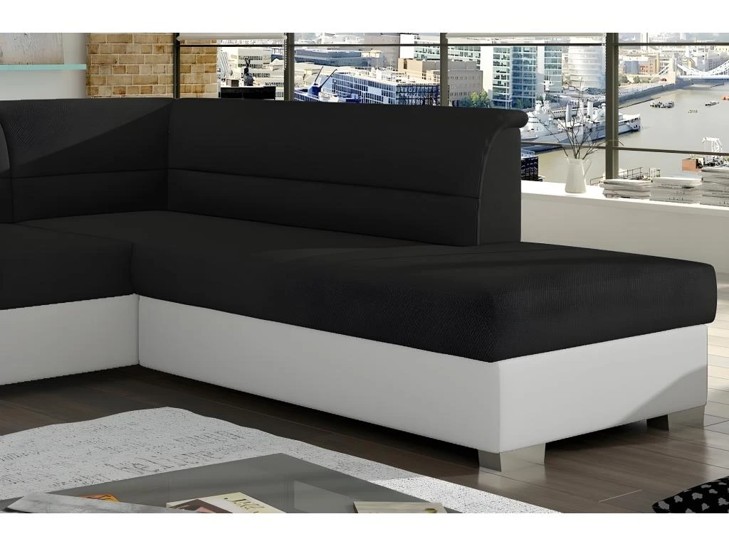 Canapé D'angle Convertible En Tissu Luxe Noir Et Simili Cuir Blanc Cassé, 5 Places, Avec Coffre, Angle Droit (vu De Face), VERTU MIX 2 Canapé D'angle Convertible En Tissu Luxe Noir Et Simili Cuir Blanc Cassé, 5 Places, Avec Coffre, Angle Droit (vu De Face), VERTU MIX – Image 2