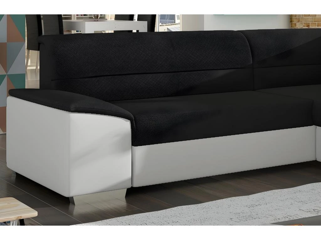 Canapé D'angle Convertible En Tissu Luxe Noir Et Simili Cuir Blanc Cassé, 5 Places, Avec Coffre, Angle Droit (vu De Face), VERTU MIX 3 Canapé D'angle Convertible En Tissu Luxe Noir Et Simili Cuir Blanc Cassé, 5 Places, Avec Coffre, Angle Droit (vu De Face), VERTU MIX – Image 3