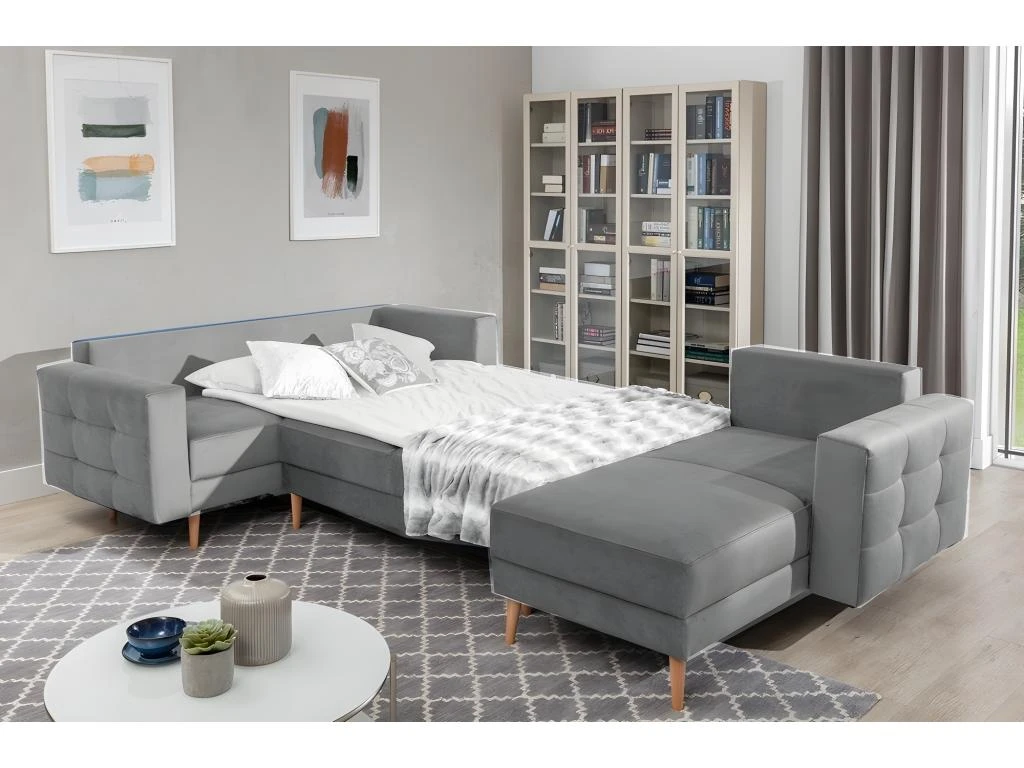 Canapé Panoramique Convertible - ASMA VELOURS - En Tissu De Qualité 5 Places, Gris, Méridienne à Droite Et Angle à Gauche (vu De Face) 2 Canapé Panoramique Convertible - ASMA VELOURS - En Tissu De Qualité 5 Places, Gris, Méridienne à Droite Et Angle à Gauche (vu De Face) – Image 2