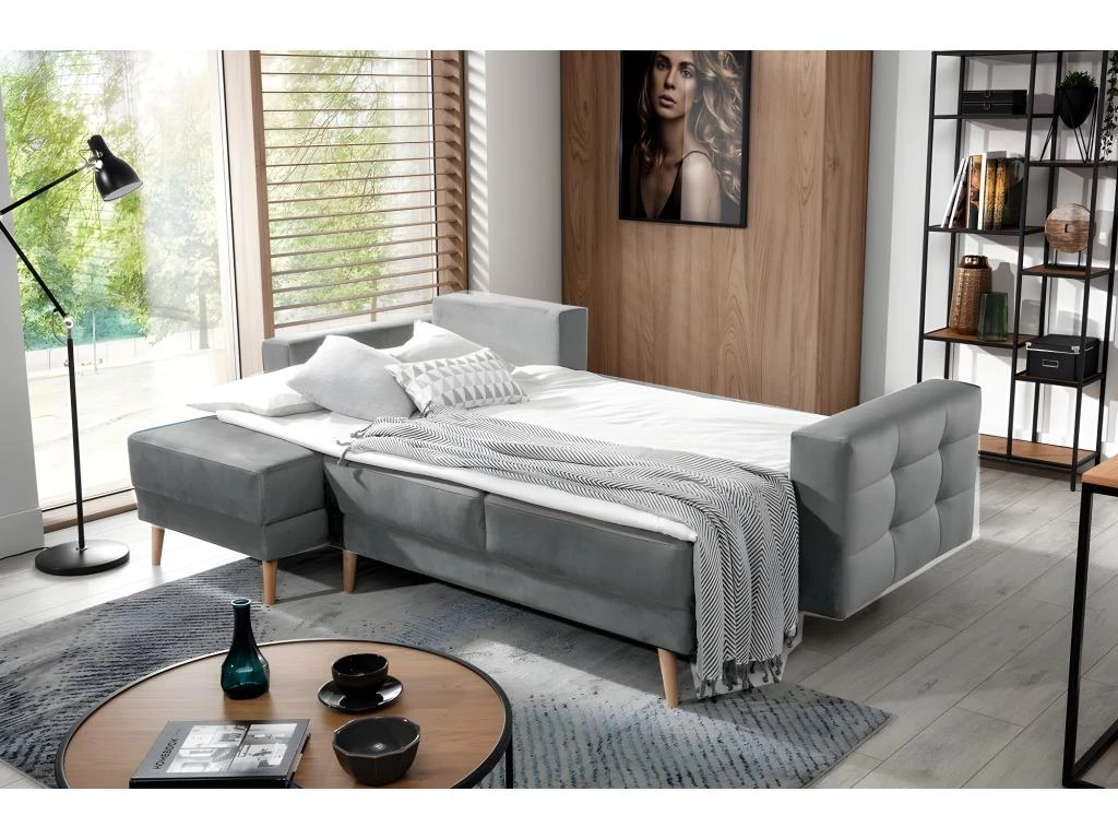 Canapé D'angle Convertible - ASSIA VELOURS - En Tissu De Qualité 5 Places, Gris, Angle Gauche (vu De Face) 3 Canapé D'angle Convertible - ASSIA VELOURS - En Tissu De Qualité 5 Places, Gris, Angle Gauche (vu De Face) – Image 3