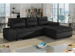 Canapé D'angle Convertible En Tissu Luxe Noir Et Simili Cuir Noir, 5 Places, Angle Droit (vu De Face) - OTELLO