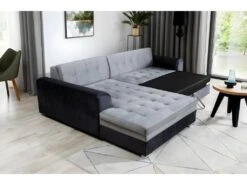 Canapé D'angle Convertible En Tissu Velours Gris Et Noir Luxe, 5 Places, Angle Gauche (vu De Face), SOHO VELOURS -Deco.fr Soldes Boutique canape 9995003