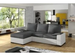 Canapé D'angle Convertible - En Tissu Gris Et Simili Blanc, Angle Gauche (vu De Face) - LUCAS -Deco.fr Soldes Boutique canape 9995031