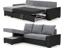 Canapé D'angle Convertible - En Tissu Gris Et Simili Blanc, Angle Gauche (vu De Face) - LUCAS -Deco.fr Soldes Boutique canape 9995033