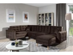 Canapé Panoramique Convertible - ASMA VELOURS - En Tissu De Qualité 5 Places, Marron Foncé, Méridienne à Droite Et Angle à Gauche (vu De Face)