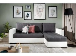 Canapé D'angle Convertible En Tissu Luxe Gris Foncé Et Simili Cuir Blanc, 5 Places, Avec Coffre, Angle Droit (vu De Face), NESTOR