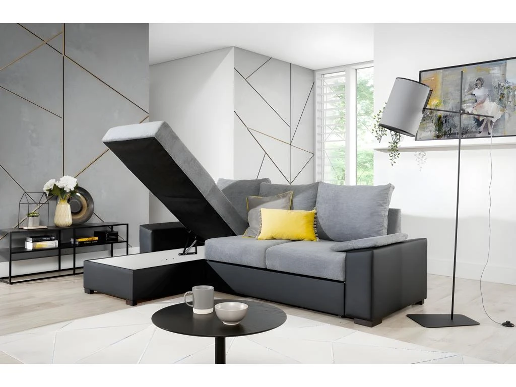 Canapé D'angle Convertible - En Tissu Gris Et Simili Noir, Angle Gauche (vu De Face) - LUCAS 3 Canapé D'angle Convertible - En Tissu Gris Et Simili Noir, Angle Gauche (vu De Face) - LUCAS – Image 3