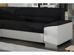 Canapé D'angle Convertible En Tissu Luxe Noir Et Simili Cuir Blanc Cassé, 5 Places, Avec Coffre, Angle Gauche (vu De Face), VERTU MIX -Deco.fr Soldes Boutique canape 9996149