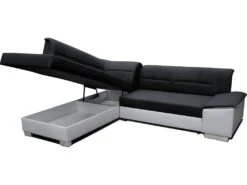 Canapé D'angle Convertible En Tissu Luxe Noir Et Simili Cuir Blanc Cassé, 5 Places, Avec Coffre, Angle Gauche (vu De Face), VERTU MIX -Deco.fr Soldes Boutique canape 9996153