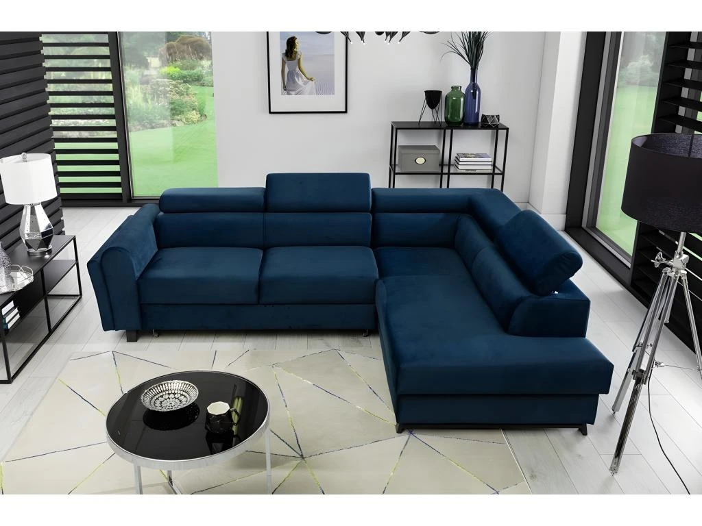 Canapé D'angle Convertible - KARL VELOURS - En Tissu Prestige Bleu, 5 Places, Angle Droit (vu De Face) 2 Canapé D'angle Convertible - KARL VELOURS - En Tissu Prestige Bleu, 5 Places, Angle Droit (vu De Face) – Image 2