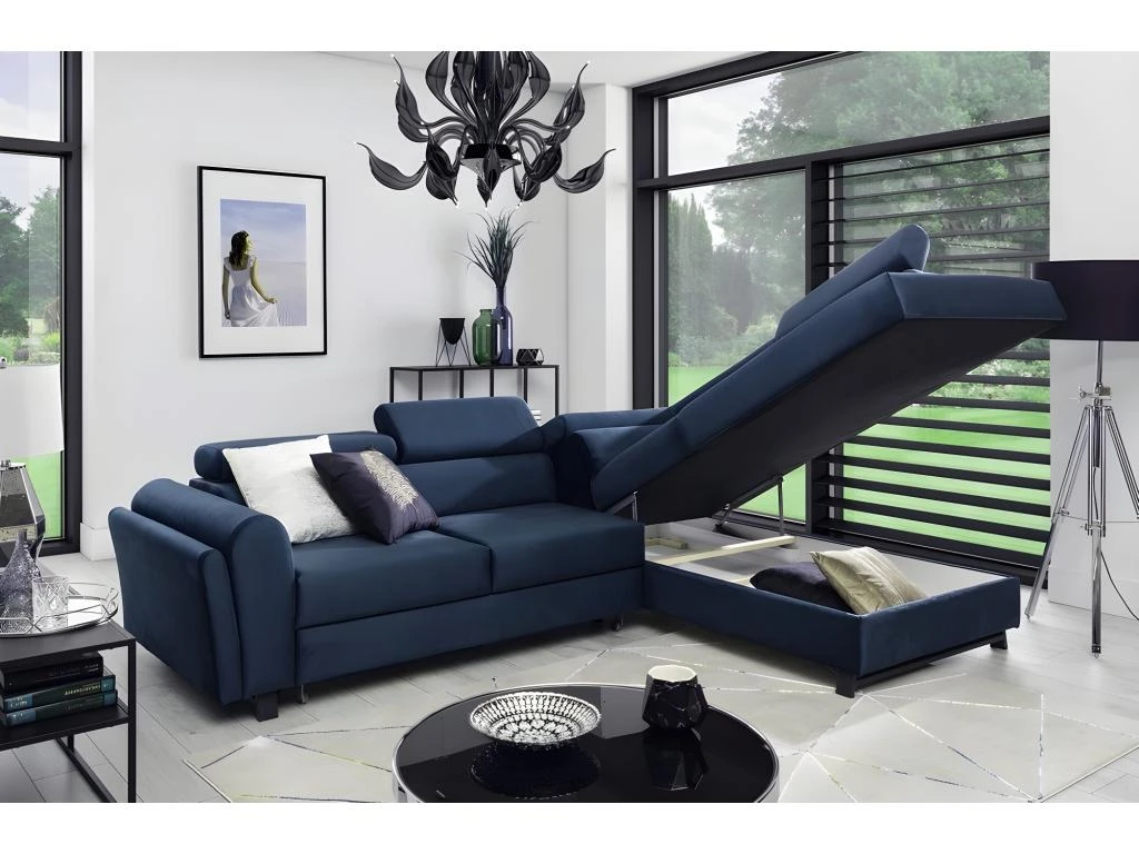 Canapé D'angle Convertible - KARL VELOURS - En Tissu Prestige Bleu, 5 Places, Angle Droit (vu De Face) 4 Canapé D'angle Convertible - KARL VELOURS - En Tissu Prestige Bleu, 5 Places, Angle Droit (vu De Face) – Image 4