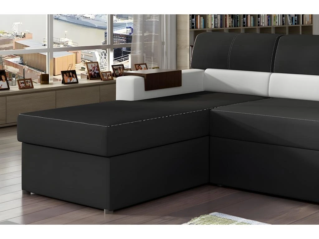 Canapé D'angle Convertible En Tissu Luxe Noir Et Simili Cuir Blanc Cassé, 5 Places, Avec Coffre, Angle Gauche (vu De Face) - RICCI 2 Canapé D'angle Convertible En Tissu Luxe Noir Et Simili Cuir Blanc Cassé, 5 Places, Avec Coffre, Angle Gauche (vu De Face) - RICCI – Image 2