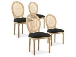 Lot De 4 Chaises Médaillon Louis XVI Cannage Rotin Tissu Noir