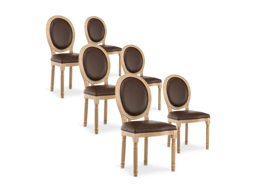 Lot De 6 Chaises Médaillon Louis XVI Vintage Simili Marron 1 Lot De 6 Chaises Médaillon Louis XVI Vintage Simili Marron