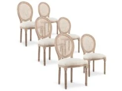 Lot De 6 Chaises Médaillon Louis XVI Cannage Rotin Tissu Beige