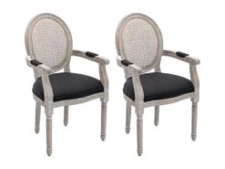 Lot De 2 Chaises Avec Accoudoirs - Cannage, Tissu Et Bois D'hévéa - Noir - ANTOINETTE
