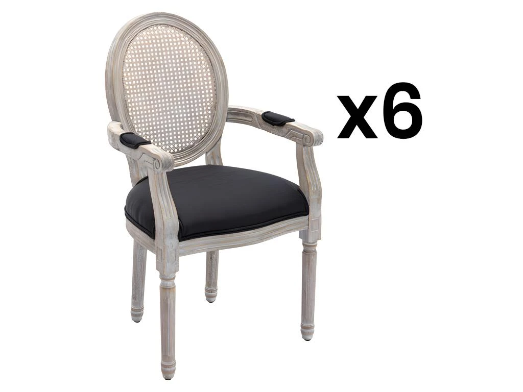 Lot De 6 Chaises Avec Accoudoirs - Cannage, Tissu Et Bois D'hévéa - Noir - ANTOINETTE 1 Lot De 6 Chaises Avec Accoudoirs - Cannage, Tissu Et Bois D'hévéa - Noir - ANTOINETTE