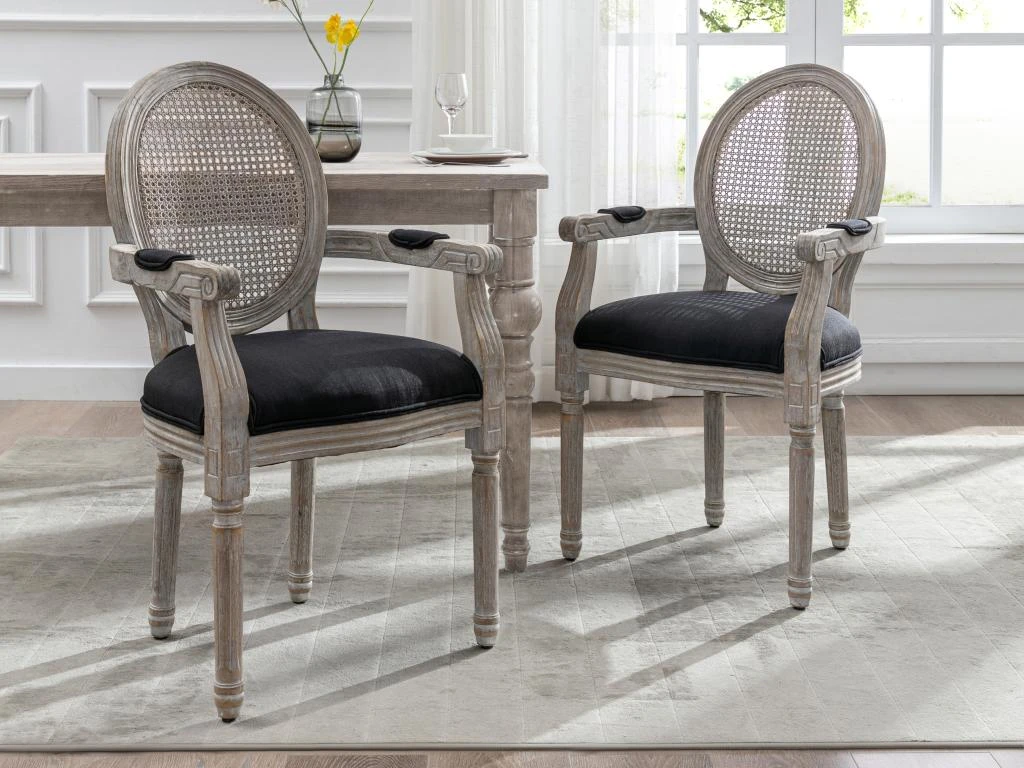Lot De 6 Chaises Avec Accoudoirs - Cannage, Tissu Et Bois D'hévéa - Noir - ANTOINETTE 2 Lot De 6 Chaises Avec Accoudoirs - Cannage, Tissu Et Bois D'hévéa - Noir - ANTOINETTE – Image 2