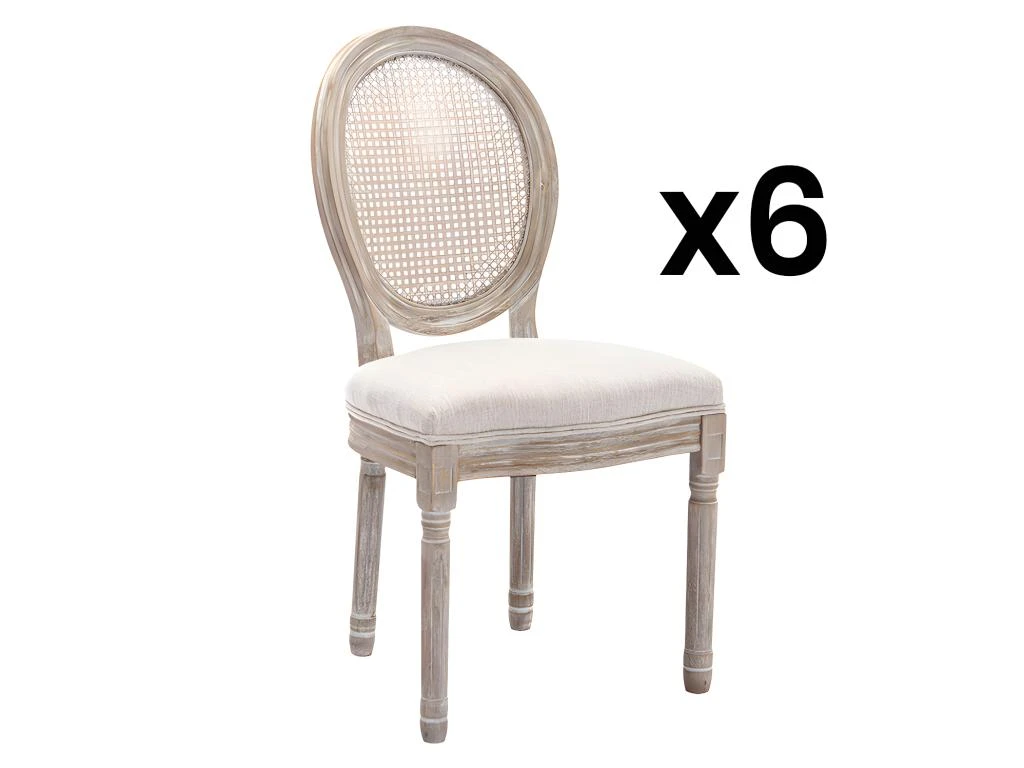Lot De 6 Chaises - Cannage, Tissu Et Bois D'hévéa - Beige - ANTOINETTE 1 Lot De 6 Chaises - Cannage, Tissu Et Bois D'hévéa - Beige - ANTOINETTE