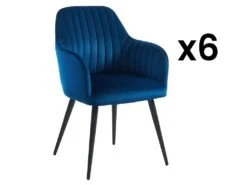 Lot De 6 Chaises Avec Accoudoirs En Velours Et Métal Noir - Bleu - ELEANA