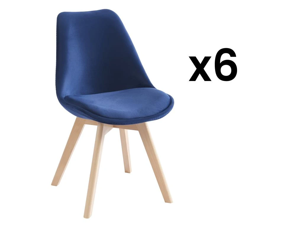 Lot De 6 Chaises En Velours Et Hêtre - Bleu - JODY 1 Lot De 6 Chaises En Velours Et Hêtre - Bleu - JODY