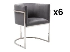 Lot De 6 Chaises Avec Accoudoirs - Velours Et Acier Inoxydable - Gris Et Chromé - PERIA De Pascal MORABITO