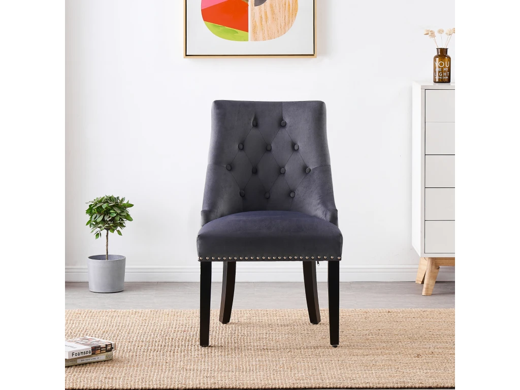 Chaise De Salle à Manger Simple Windsor - Rembourrage En Velours Moelleux Et Pieds En Bois Massif Robustes - Parfait Pour Votre Salle à Manger Et Salon - Gris Foncé 2 Chaise De Salle à Manger Simple Windsor - Rembourrage En Velours Moelleux Et Pieds En Bois Massif Robustes - Parfait Pour Votre Salle à Manger Et Salon - Gris Foncé – Image 2