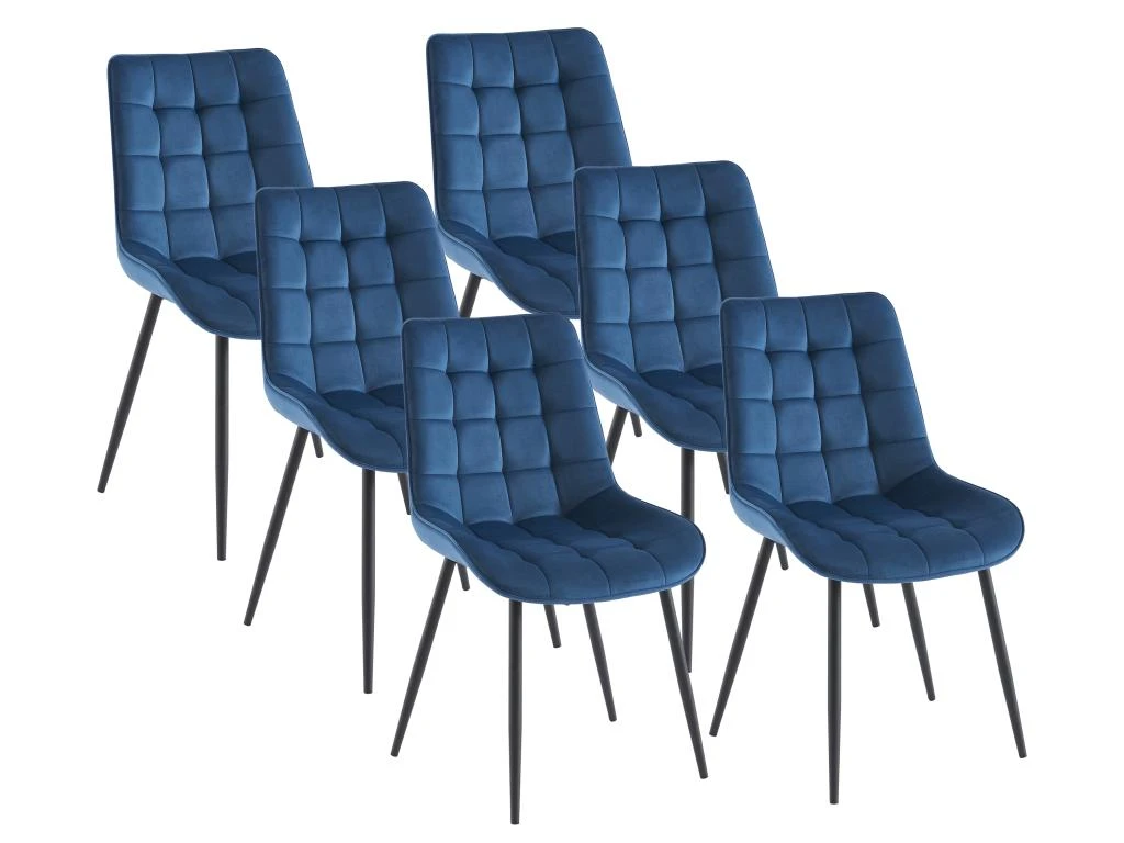 Lot De 6 Chaises Matelassées - Velours Et Métal Noir - Bleu Nuit - OLLUA 1 Lot De 6 Chaises Matelassées - Velours Et Métal Noir - Bleu Nuit - OLLUA