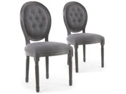 Lot De 2 Chaises De Style Médaillon Louis XVI Bois Gris & Tissu Capitonné Gris