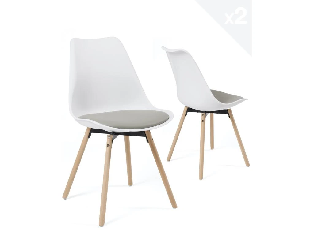 Lot De 2 Chaises Scandinaves Coussin Pieds Bois MIA (blanc Gris) 1 Lot De 2 Chaises Scandinaves Coussin Pieds Bois MIA (blanc Gris)