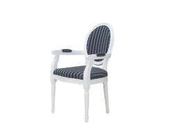 Rokoko Chaise De Salle à Manger Blanche Avec Accoudoirs Et Tissu Noir Rayé.