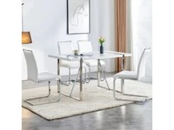 Lot De 4 Chaises De Salle à Manger - Dossier En Similicuir Et Lin - Blanc