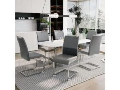 Lot De 6 Chaises De Salle à Manger - Dossier En Similicuir Et Lin - Gris