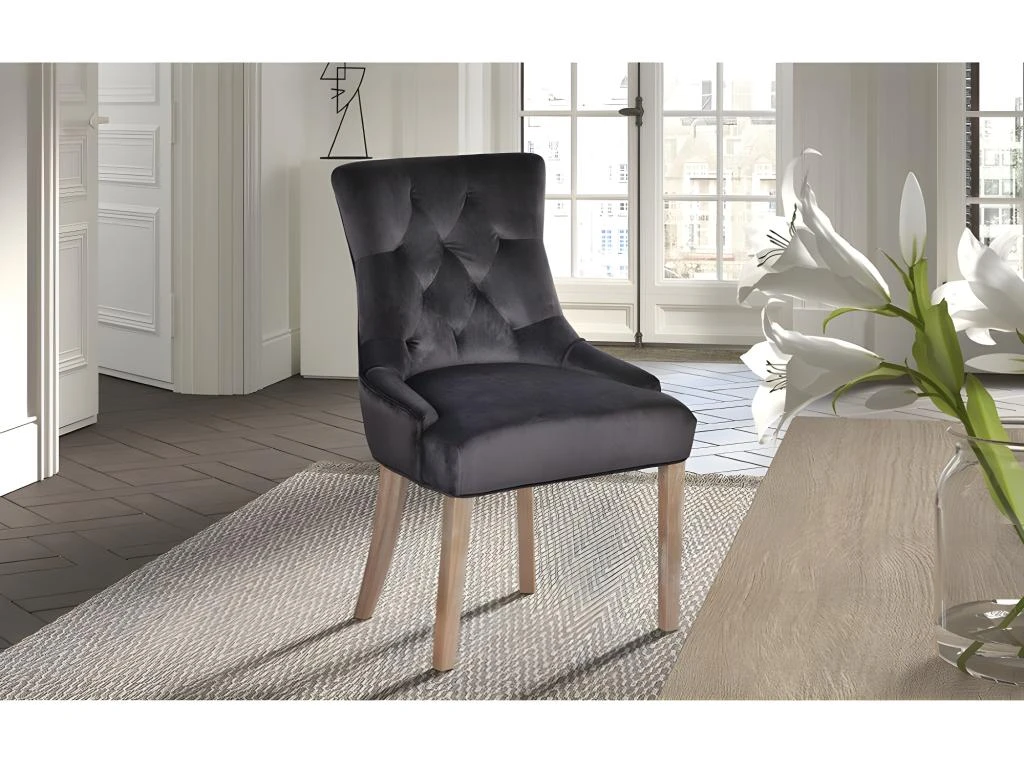 Chaise ROYA Velours Gris, Pieds Antique Brossé Bois, Dimension H93 X L57 X P60 Cm, Idéal Pour Votre Cuisine Ou Salle à Manger 3 Chaise ROYA Velours Gris, Pieds Antique Brossé Bois, Dimension H93 X L57 X P60 Cm, Idéal Pour Votre Cuisine Ou Salle à Manger – Image 3