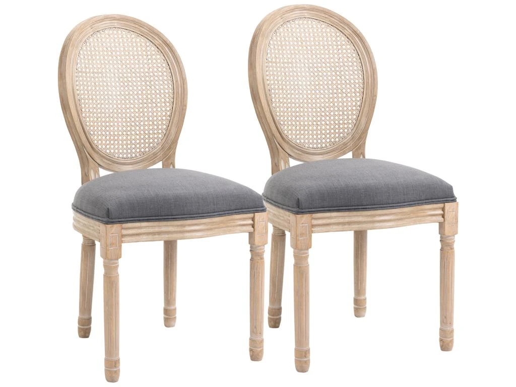 Lot De 2 Chaises De Salle à Manger - Chaise De Salon Médaillon Style Louis XVI - Bois Massif Sculpté, Patiné - Dossier Cannage - Aspect Lin Gris 1 Lot De 2 Chaises De Salle à Manger - Chaise De Salon Médaillon Style Louis XVI - Bois Massif Sculpté, Patiné - Dossier Cannage - Aspect Lin Gris