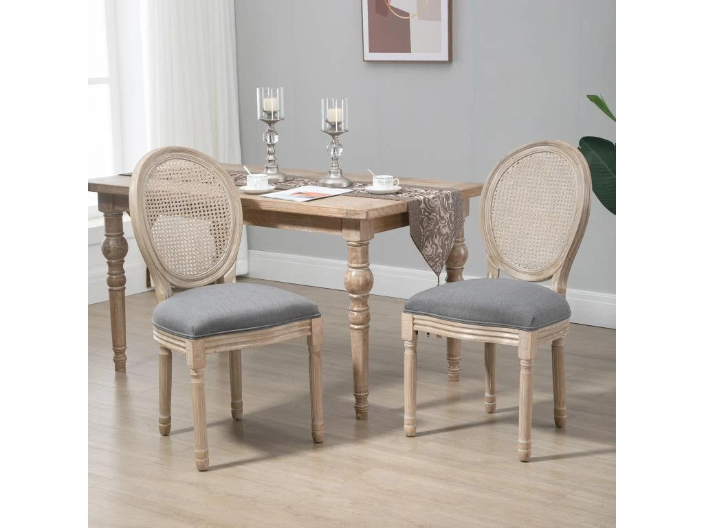 Lot De 2 Chaises De Salle à Manger - Chaise De Salon Médaillon Style Louis XVI - Bois Massif Sculpté, Patiné - Dossier Cannage - Aspect Lin Gris 2 Lot De 2 Chaises De Salle à Manger - Chaise De Salon Médaillon Style Louis XVI - Bois Massif Sculpté, Patiné - Dossier Cannage - Aspect Lin Gris – Image 2