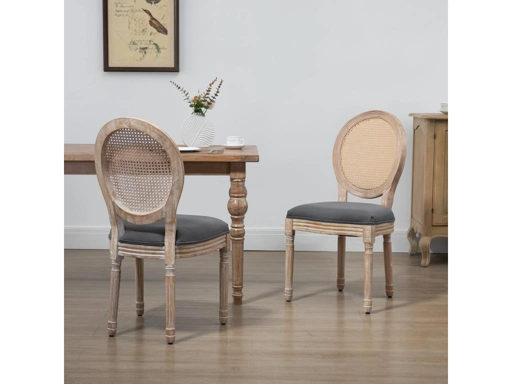 Lot De 2 Chaises De Salle à Manger - Chaise De Salon Médaillon Style Louis XVI - Bois Massif Sculpté, Patiné - Dossier Cannage - Aspect Lin Gris 4 Lot De 2 Chaises De Salle à Manger - Chaise De Salon Médaillon Style Louis XVI - Bois Massif Sculpté, Patiné - Dossier Cannage - Aspect Lin Gris – Image 4